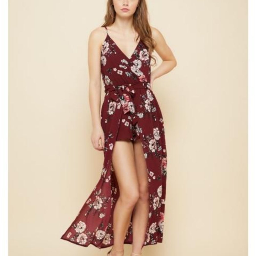 Rue21 Black Floral Romper Dress Maxi Straps Peekaboo Front Detail Dress Sz M